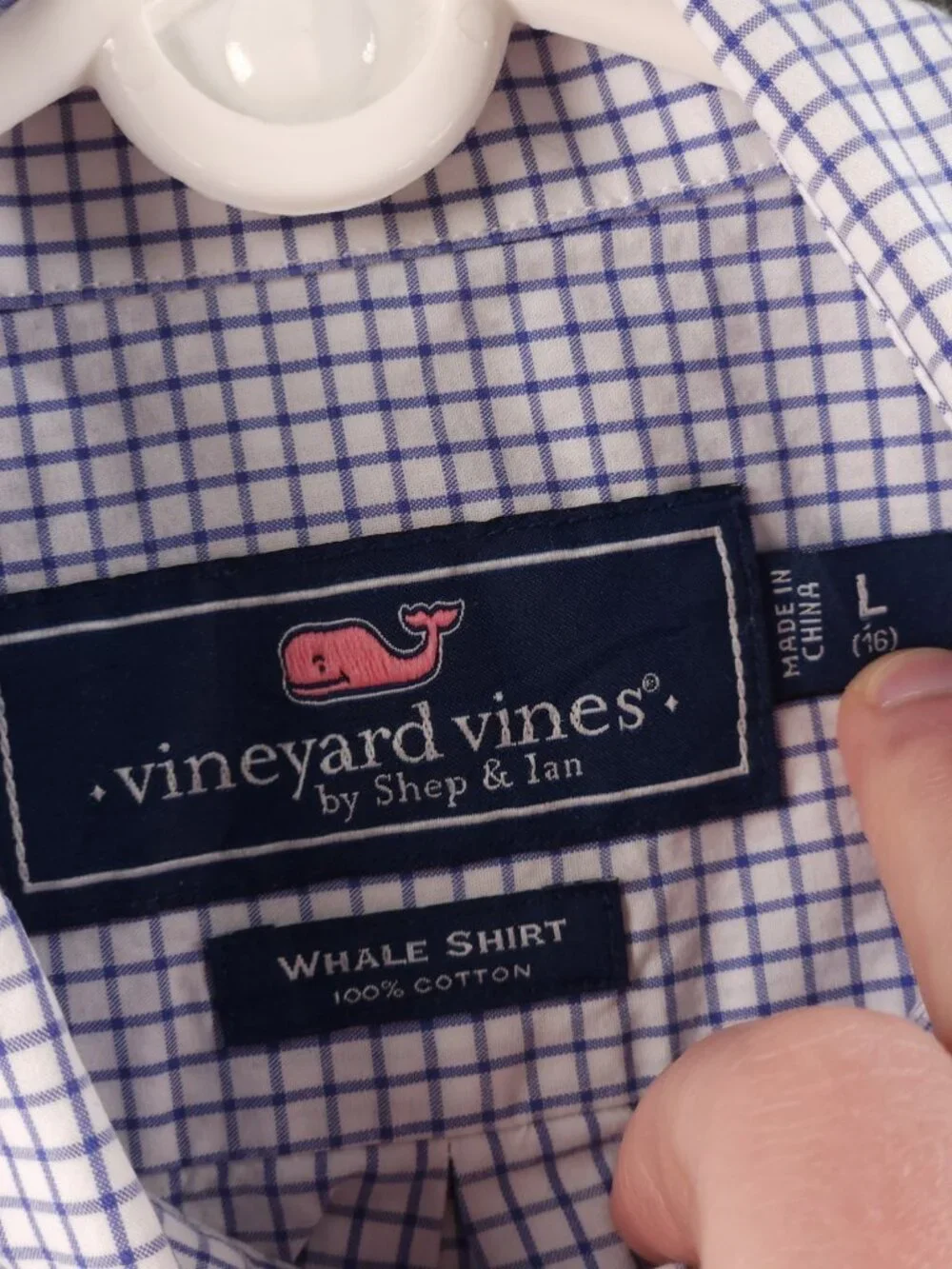 Vineyard Vines Whale Shirt Blue Check Cotton Long Sleeve Boys 16 Large Youth